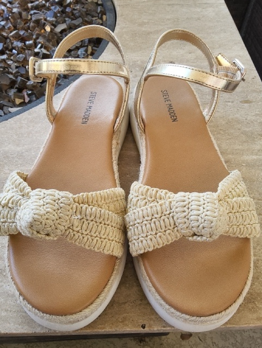 Steve Madden Cream Braided Knot Wedge Sandals with Metallic Ankle Strap Size 5